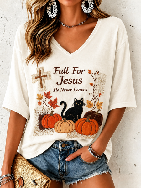 Women Text Letters Half Sleeve Tee T-shirt V Neck Vintage Summer Top