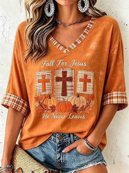 Women Text Letters Half Sleeve Tee T-shirt V Neck Vintage Summer Top