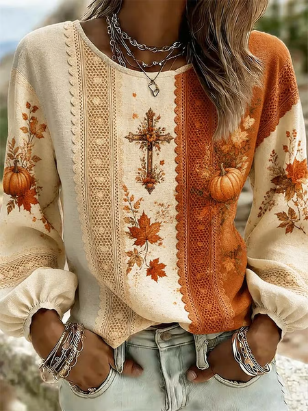 Women Maple Leaf Crew Neck Long Sleeve Blouse Printing Vintage Daily Spring/Fall Top