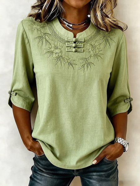 Women Palm Leaf Crew Neck Half Sleeve Blouse Casual Daily Summer Top