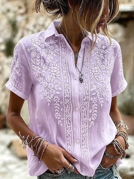 Women Floral Shirt Collar Short Sleeve Shirt Printing Casual Daily Summer Top