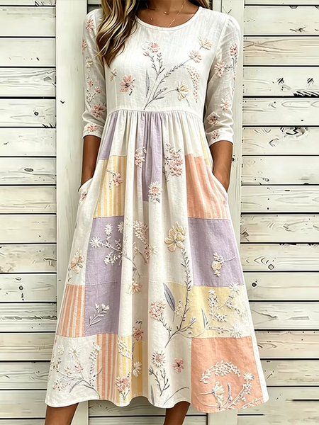 Women Floral Half Sleeve Crew Neck Printing Dress Daily Casual Maxi T-Shirt Dress A-Line Summer Dress