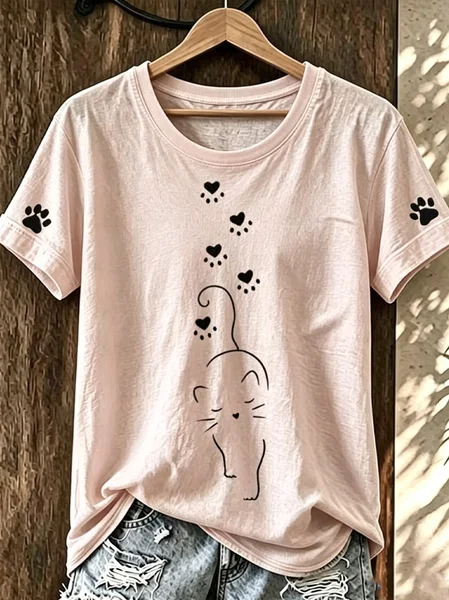 Women Cat Short Sleeve Tee T-shirt Crew Neck Casual Summer Top
