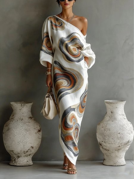 Casual Random Print Printing Cold Shoulder Maxi Dress With Belt