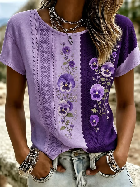 Women Floral Short Sleeve Tee T-shirt Crew Neck Printing Casual Graphic Tee Summer Top