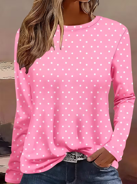 Women Polka Dots Long Sleeve Tee T-shirt Crew Neck Printing Casual Spring/Fall Top