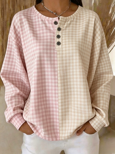 Women Geometric Henley Collar Casual Spring/Fall Long Sleeve Sweatshirt