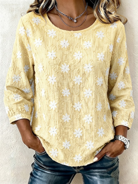 

Crew Neck Half Sleeve Floral Printing Regular Micro-Elasticity Regular Fit Blouse For Women, Yellow, Blouses