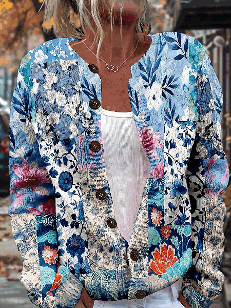 Women Floral Long Sleeve Crew Neck Vintage Spring/Fall Cardigan Outerwear