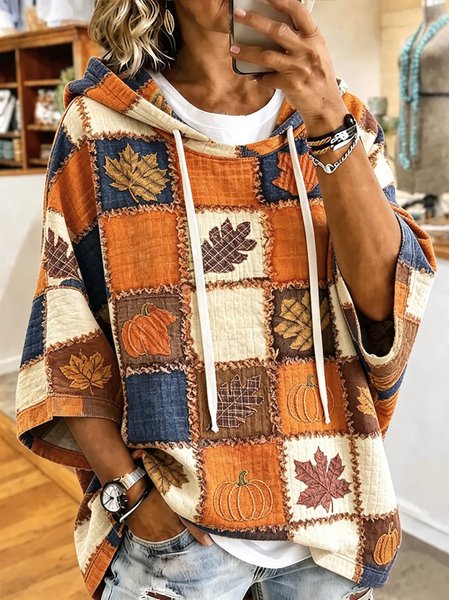 Women Plaid Half Sleeve Casual Daily Spring/Fall Hoodie