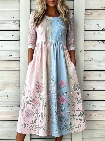 Women Floral Summer Printing Dress Crew Neck Half Sleeve T-Shirt Dress A-Line Dress