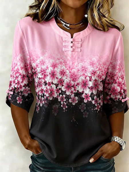Mandarin Collar Half Sleeve Floral Printing Regular Micro-Elasticity Regular Fit Blouse For Women