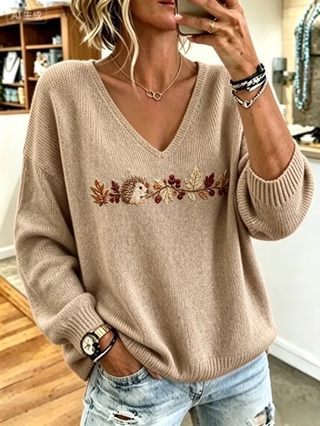 Women Animal Casual Long Sleeve V Neck Spring/Fall Sweater