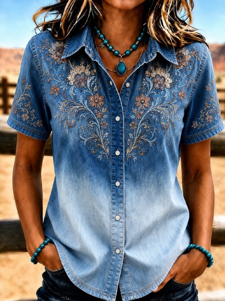 Women Floral Shawl Collar Short Sleeve Shirt Vintage Daily Summer Top
