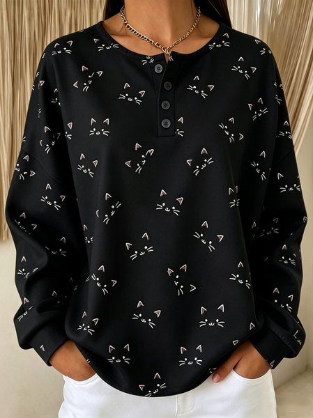 Women Animal Henley Collar Casual Spring/Fall Long Sleeve Sweatshirt