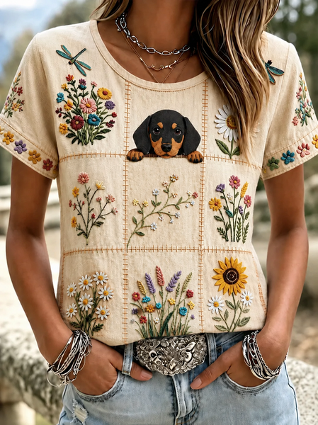 Women Floral Short Sleeve Tee T-shirt Crew Neck Vintage Summer Top