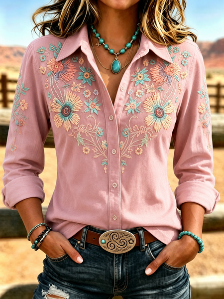 Women Floral Pattern Shirt Collar Long Sleeve Shirt Printing Vintage Daily Spring/Fall Top