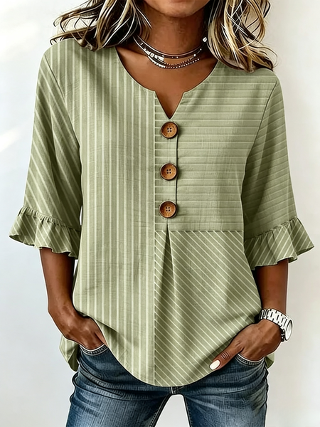 Women Striped V Neck Half Sleeve Blouse Casual Daily Summer Top