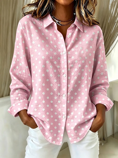 Women Polka Dots Shirt Collar Long Sleeve Shirt Buckle Regular Sleeve Casual Daily Spring/Fall Top