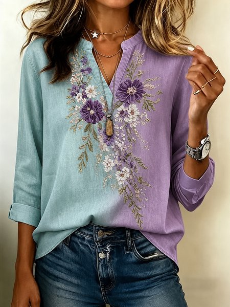 Women Floral V Neck Long Sleeve Blouse Printing Casual Daily Spring/Fall Top