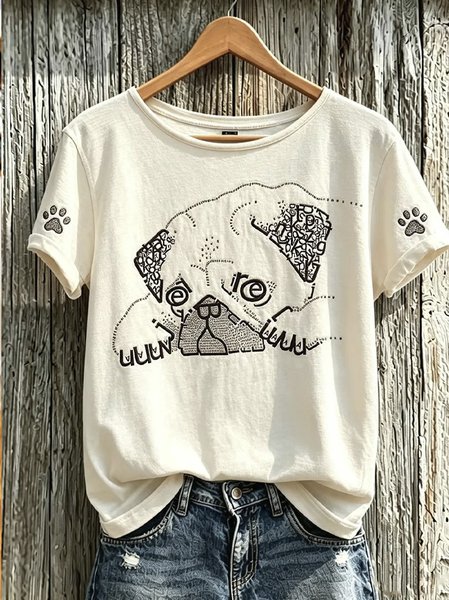 Women Dog Short Sleeve Tee T-shirt Crew Neck Casual Summer Top