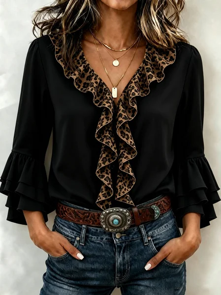 Women Plain V Neck Three Quarter Sleeve Shirt Vintage Daily Spring/Fall Top