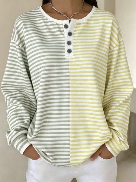 Women Striped Henley Collar Casual Spring/Fall Long Sleeve Sweatshirt