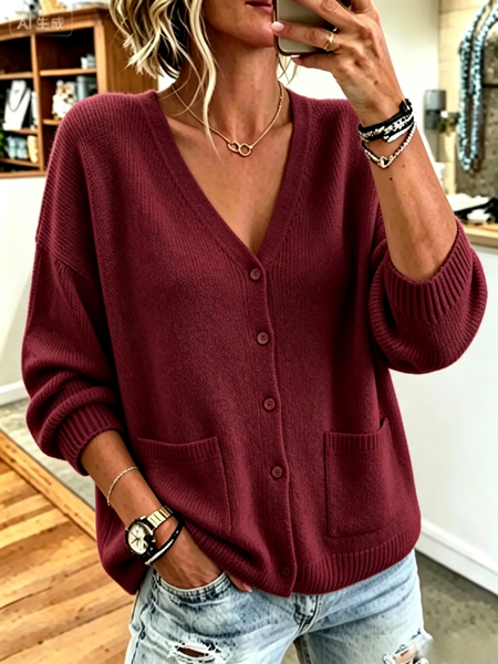 Women Plain Casual Long Sleeve V Neck Spring/Fall Sweater