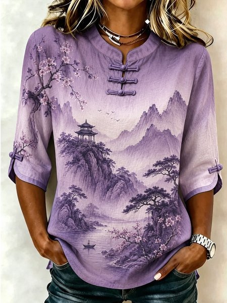 Women Floral Crew Neck Half Sleeve Blouse Casual Daily Summer Top