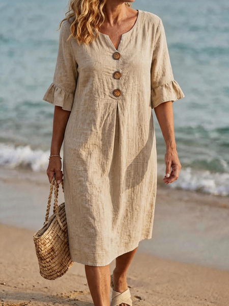 Women Plain Summer Dress Notched Half Sleeve Shirt Dress H-Line Dress