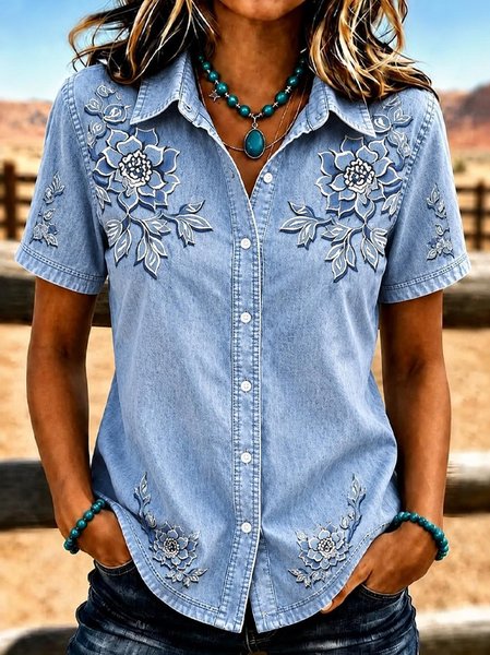 Women Floral Shawl Collar Short Sleeve Shirt Vintage Daily Summer Top
