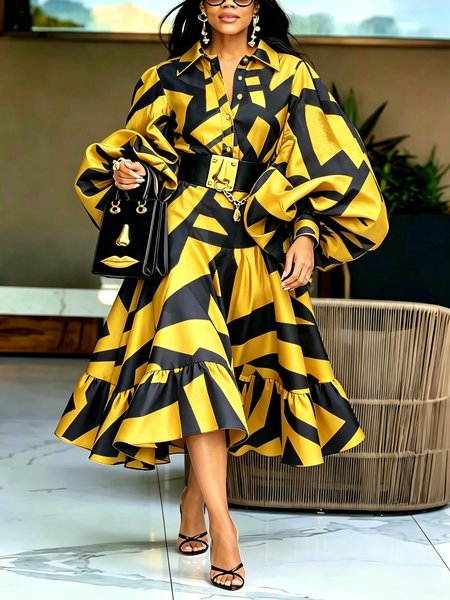 Elegant Abstract Graphic Balloon Sleeve Printing Shirt Collar Midi Dress No Belt 1 Elegant Abstract Graphic Balloon Sleeve Printing Shirt Collar Midi Dress No Belt