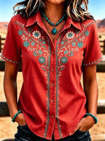 Shawl Collar Short Sleeve Floral Regular Micro-Elasticity Regular Fit Shirt For Women