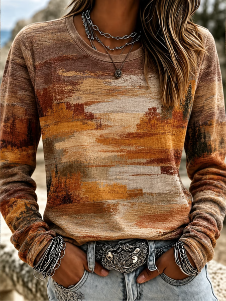 Casual Abstract Crew Neck Long Sleeve T-shirt