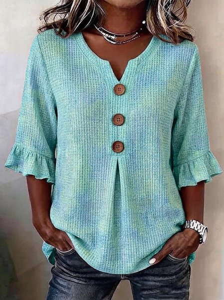 Women Ombre V Neck Half Sleeve Blouse Casual Daily Summer Top