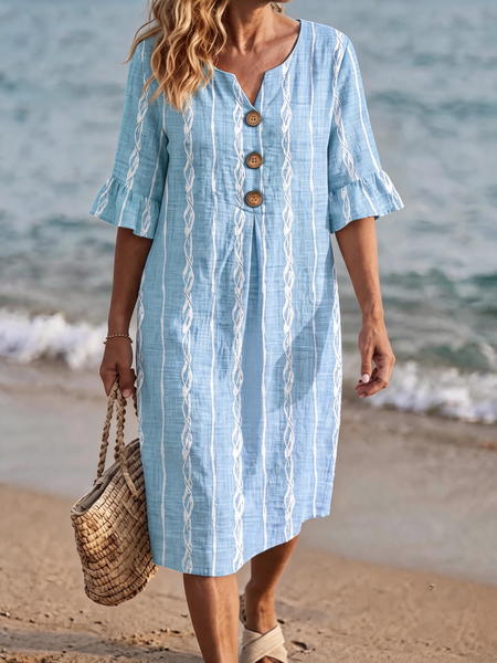 Women Striped Half Sleeve Notched Dress Daily Casual Midi Shirt Dress H-Line Summer Dress