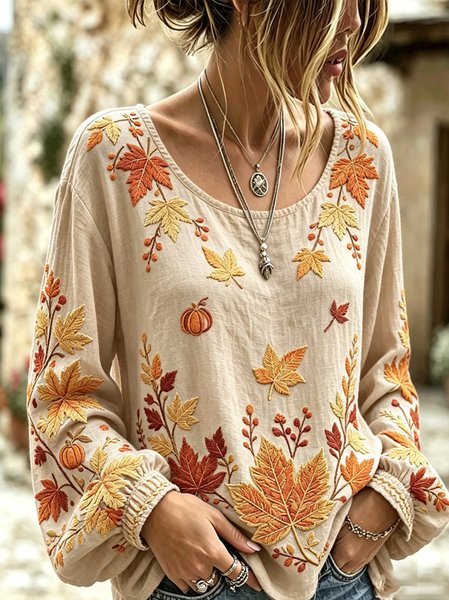 Crew Neck Long Sleeve Maple Leaf Printing Lightweight Micro-Elasticity Loose Blouse For Women