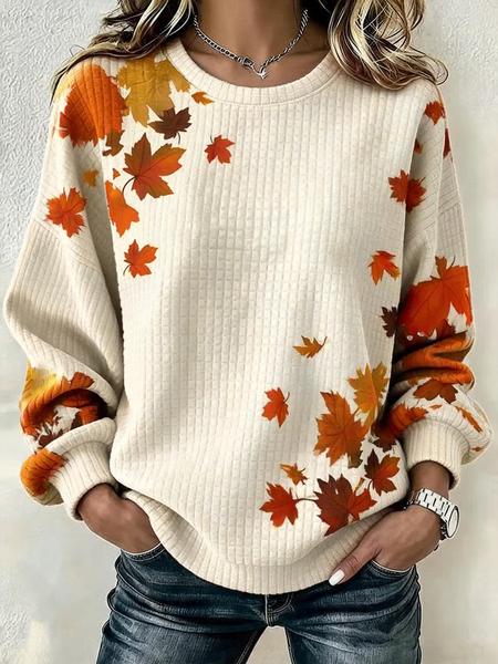 Women Maple Leaf Crew Neck Printing Casual Spring/Fall Long Sleeve Sweatshirt