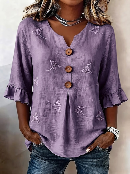 Women Floral V Neck Half Sleeve Blouse Printing Vintage Daily Summer Top