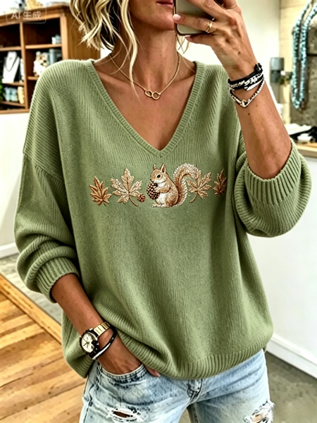 Women Animal Casual Long Sleeve V Neck Spring/Fall Sweater