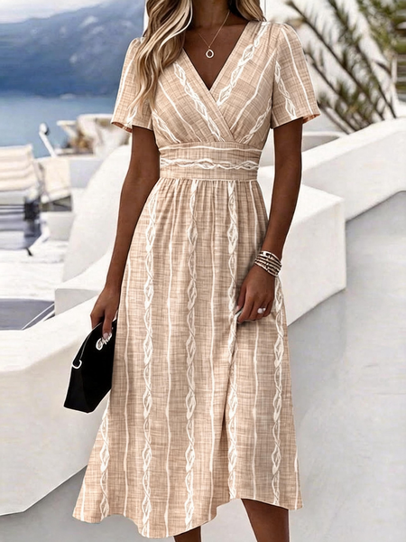Women Striped Half Sleeve V Neck Dress Daily Casual Midi Fit & Flare Dress H-Line Summer Dress