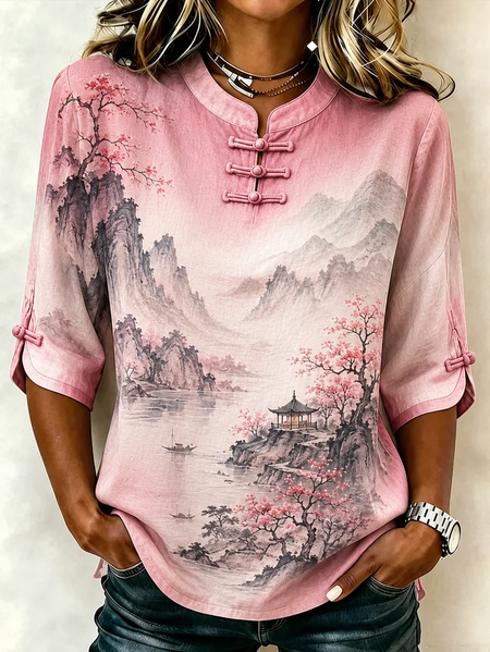 Women Floral Crew Neck Half Sleeve Blouse Casual Daily Summer Top