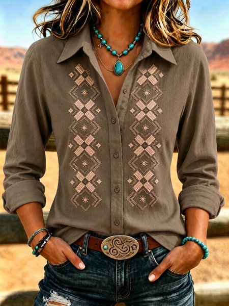 Women Geometric Shirt Collar Long Sleeve Shirt Printing Vintage Daily Spring/Fall Top