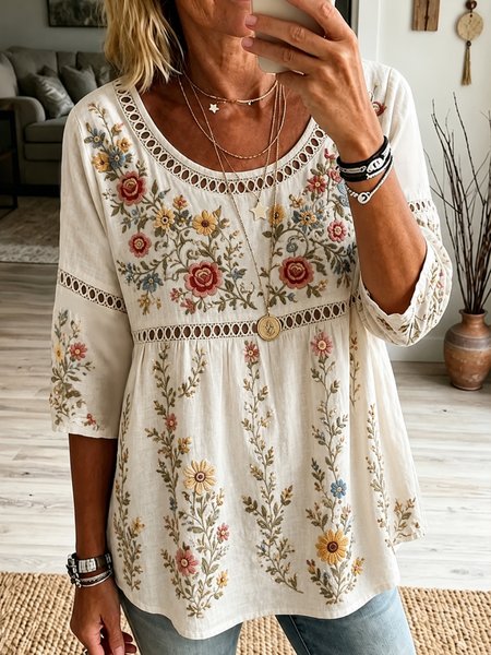 Women Floral Crew Neck Half Sleeve Blouse Printing Vintage Daily Summer Top