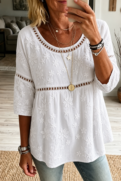 Crew Neck Half Sleeve Floral Printing Regular Micro-Elasticity Loose Blouse For Women