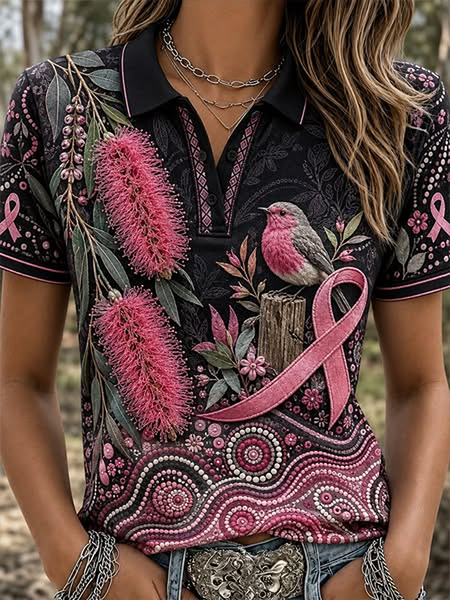 Vintage Floral Polo Collar Short Sleeve T-shirt