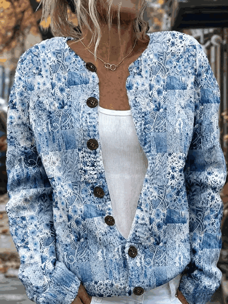 Women Floral Long Sleeve Crew Neck Vintage Spring/Fall Cardigan Outerwear