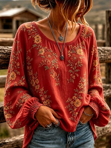 Women Floral Crew Neck Long Sleeve Blouse Printing Casual Daily Spring/Fall Top