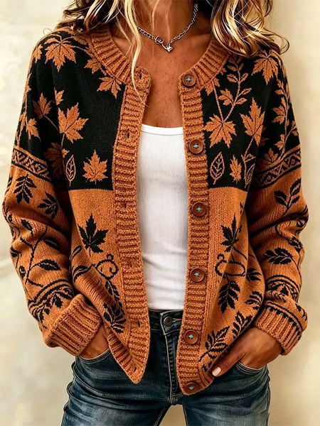 Women Maple Leaf Printing Long Sleeve Crew Neck Vintage Spring/Fall Cardigan Outerwear