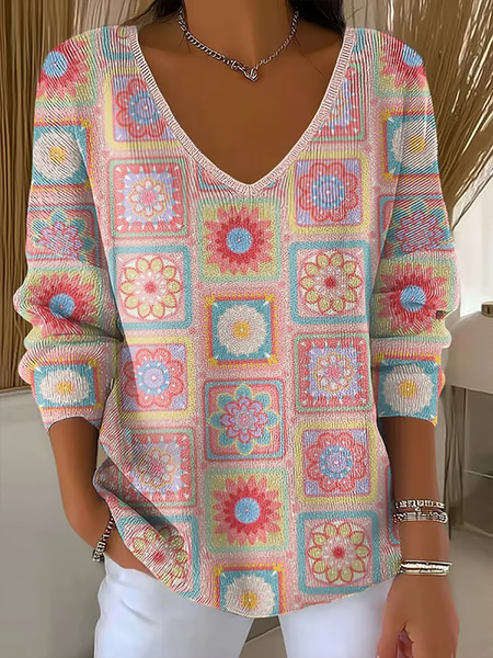 Women Floral Long Sleeve Tee T-shirt V Neck Printing Casual Spring/Fall Top